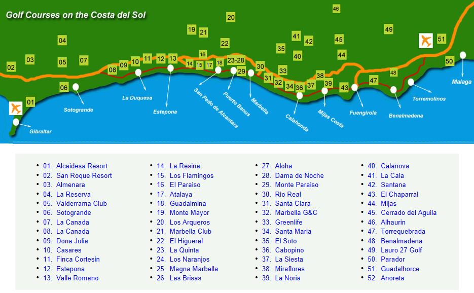 Map of Costa del Sol golfcourses - La posada del angel